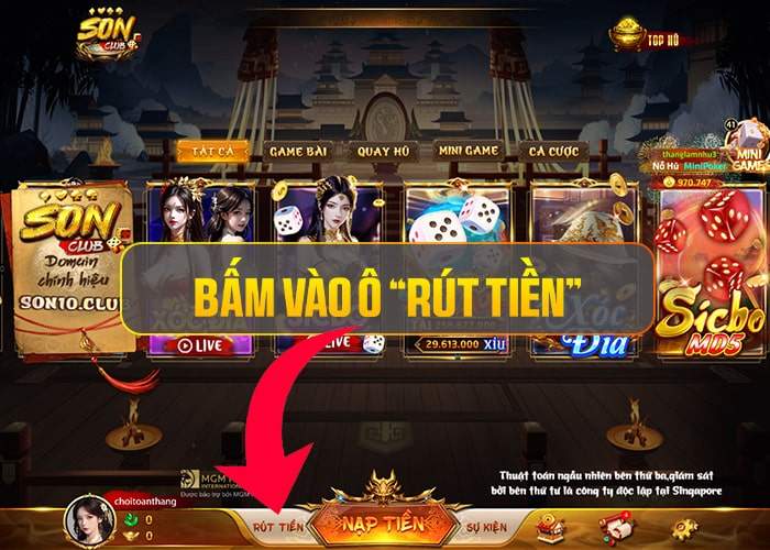 Bấm vào ô Rút Tiền Bấm vào ô Rút Tiền