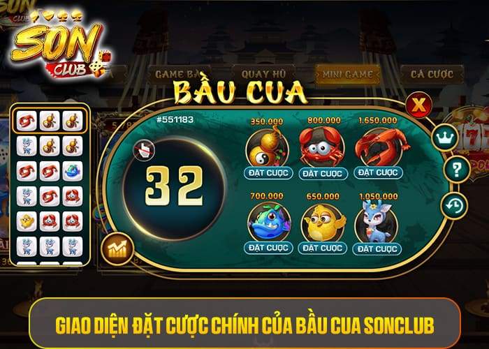 Giao diện đặt cược của Bầu Cua Sonclub Giao diện đặt cược của Bầu Cua Sonclub